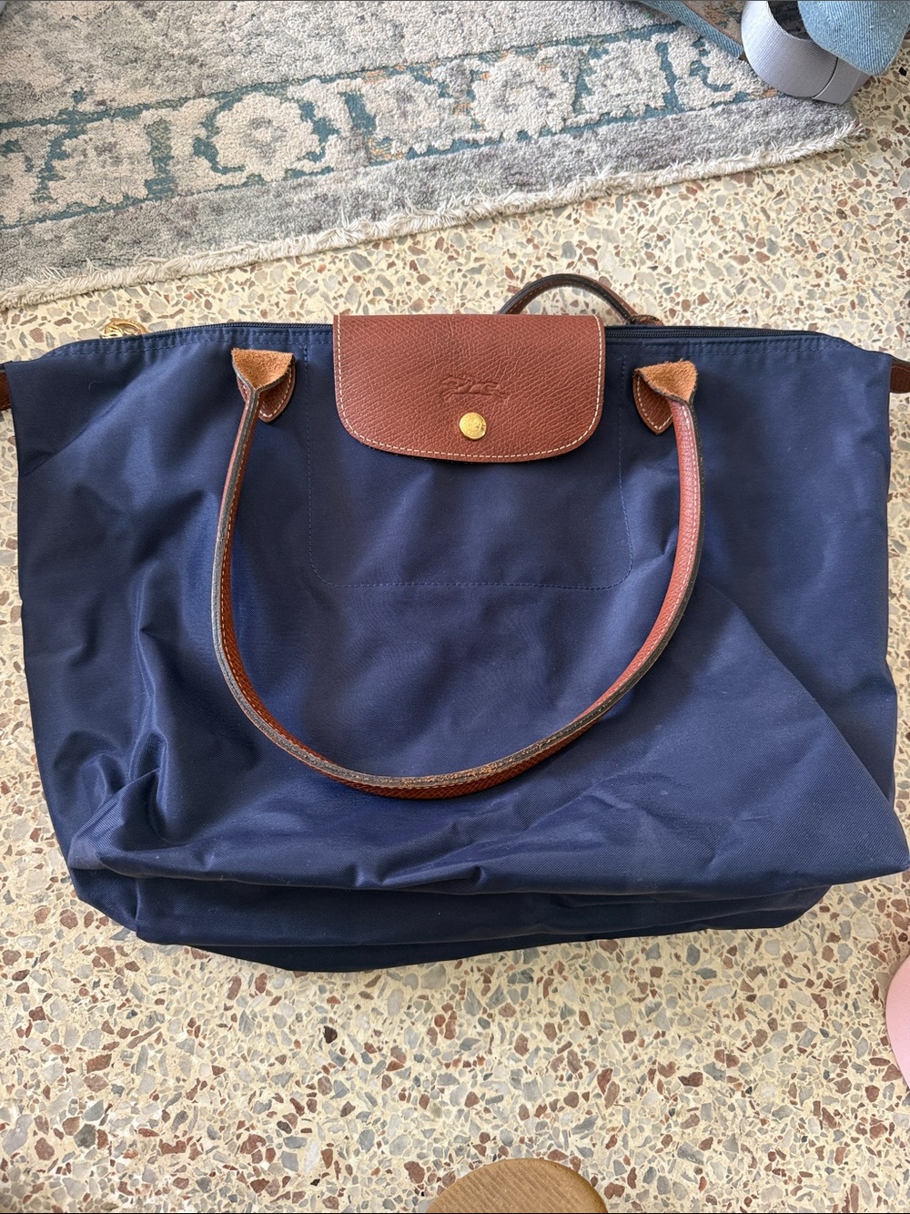 Longchamp Navy Tote with Brown Leather Trim